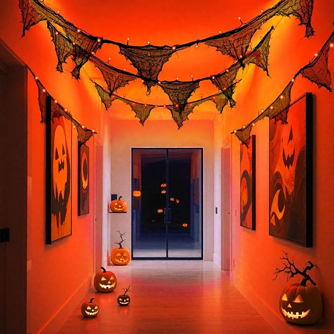 Halloween Lights Battery Operated or USB, Creepy Cloth String Lights with Timer Waterproof 9.8ft 30LED Orange String Lights Halloween Decortions for Fireplace Window Door Mirror