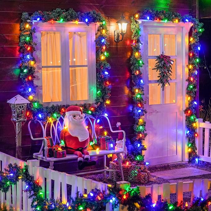 JMEXSUSS 100 LED C9 Christmas Lights Outdoor: 66 FT 8 Modes Plug in Connectable C9 Christmas Tree Lights for Roof Garden House（Multicolor）