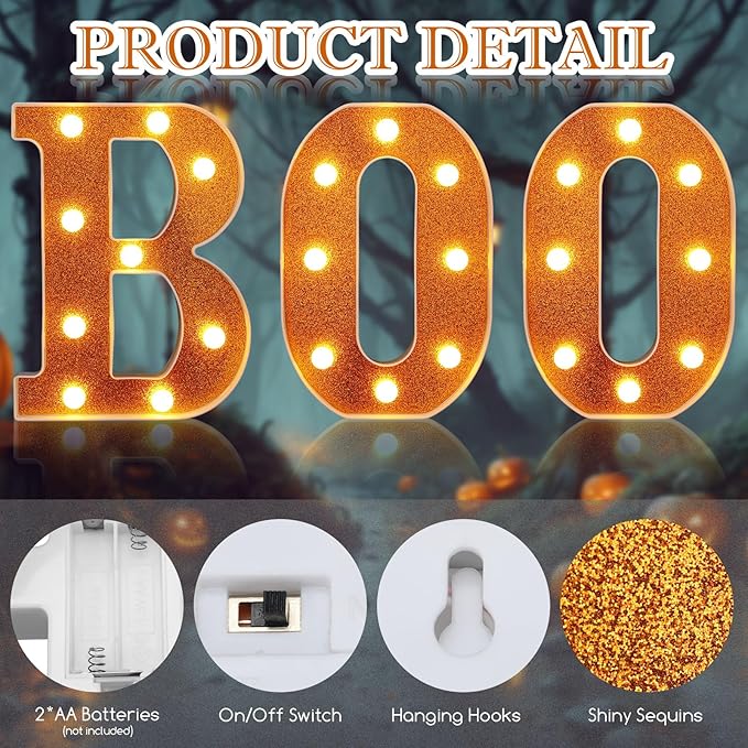 Baquler 3 Pcs Halloween Boo Decorations Light up Boo Sign Marquee LED Letters Lights Decor for Halloween Outdoor Home Room Kitchen Fireplace Tabletop Party Supplies(Orange)