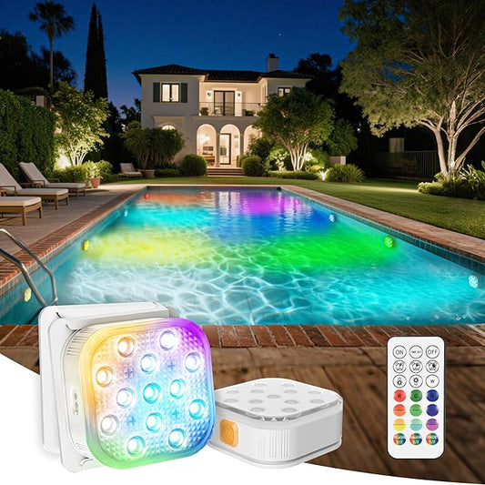 Pool Lights with Remote, IP68 Waterproof Plug 16 Color Rechargeable LED Lights, Pool Light for Above Ground Inground Pools, Fountains, Ponds, Party, Hot Tub 2 Pack