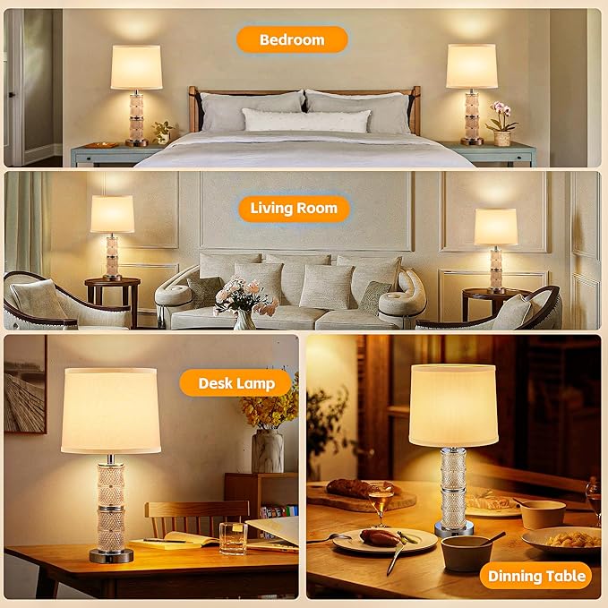 GRUENLICH Crystal Table Lamp Set of 2, 3-Way Dimmable Nightstand Lamp with Touch Control, USB C+A Charging Ports for Living Room Bedroom End Tables Office and Entryway （Silver）