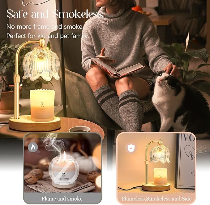 Adjustable Flower Candle Warmer Lamp with Timer, Lotus Tulip Glass Warmer Light for Jar Candles, Electric Wax Warming Melter, Gifts for Women Mom, Vintage Bedroom Decor (Transparent)