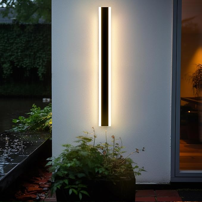 Outdoor Wall Light Fixtures Modern Long LED Wall Sconce Black Exterior Light Fixture Ip65 Waterproof Wall Lamp 40w 3000k Metal Rectangular Wall Lights For Villa Patio,Courtyard,Porch Bedroom,45.3''