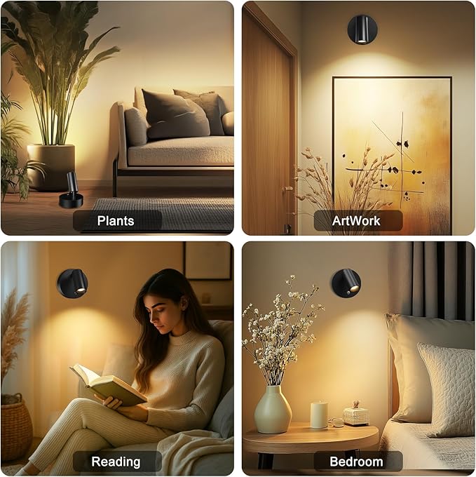 Kimjo Wireless LED Spotlight, Spot Lights Indoor, Uplighting Indoor with Timer and Dimmable, Rechargeable Wall Lights Picture Light Accent Lighting for Plants (2 Pack)
