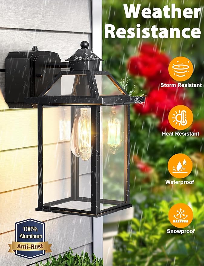Porch Light with GFCI Outlet, 14'' Large Dusk to Dawn Outdoor Lights for House, Waterproof Exterior Lighting Fixtures, Black Anti-Rust Outside Wall Mount Sconce for Patio Front Door Entryway, E26