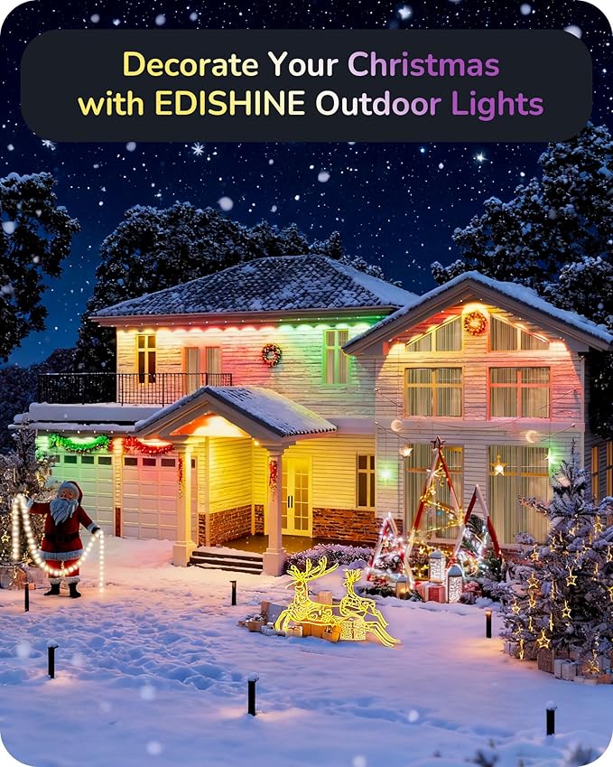 EDISHINE 150ft Cuttable Outdoor Permanent Christmas Lights Pro, 90 LED Smart RGB+IC+Warm White House Eave Light, App/Remote, 111 Scene Modes IP67 Waterproof for Daily Decor, Alexa Google Enable