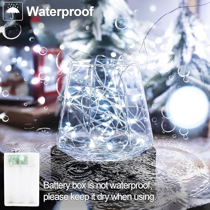 YAOZHOU Christmas Decorations Cool White Fairy String Lights, Battery Operated with Timer, 2 Pack Total 33FT 100 Led Mini Battery Powered Mason Jar Waterproof Firefly Lights DIY Party