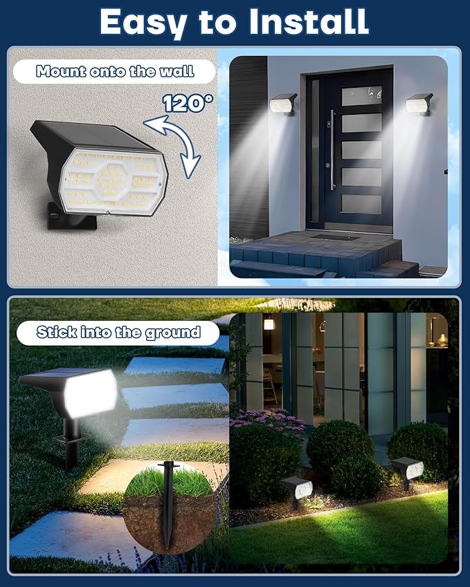 Kaxiida Solar Lights Outdoor Waterproof IP68, 3 Lighting Models Solar Powered Spot Lights Outdoor, 56LED Solar Light Dusk to Dawn for Yard Patio Garden Pathway Landscape Lighting (White, 8 Pack)