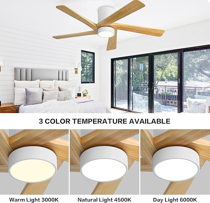 WINGBO 54 Inch Flush Mount DC Ceiling Fan with Lights and Remote, 5 Reversible Carved Wood Blades, 6-Speed Noiseless DC Motor, Hugger Ceiling Fan in White Finish with Oak Blades, ETL Listed