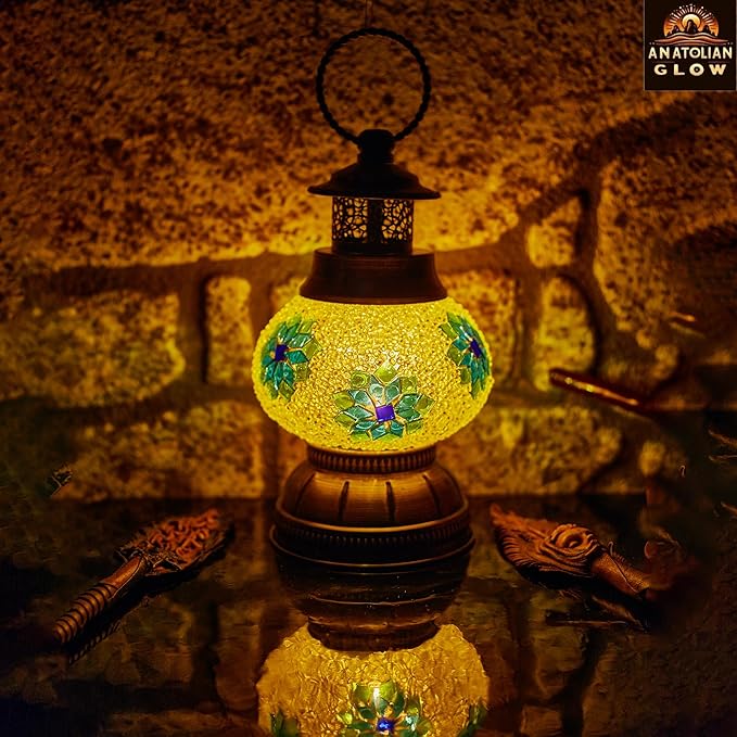 Portable Turkish Mosaic Lamp – Handmade Tiffany-Style Glass Light with Bronze Base and LED Bulb – Battery Powered Bedside Decor Lamp (Chamomile Pattern) – Globe Size 6.5"