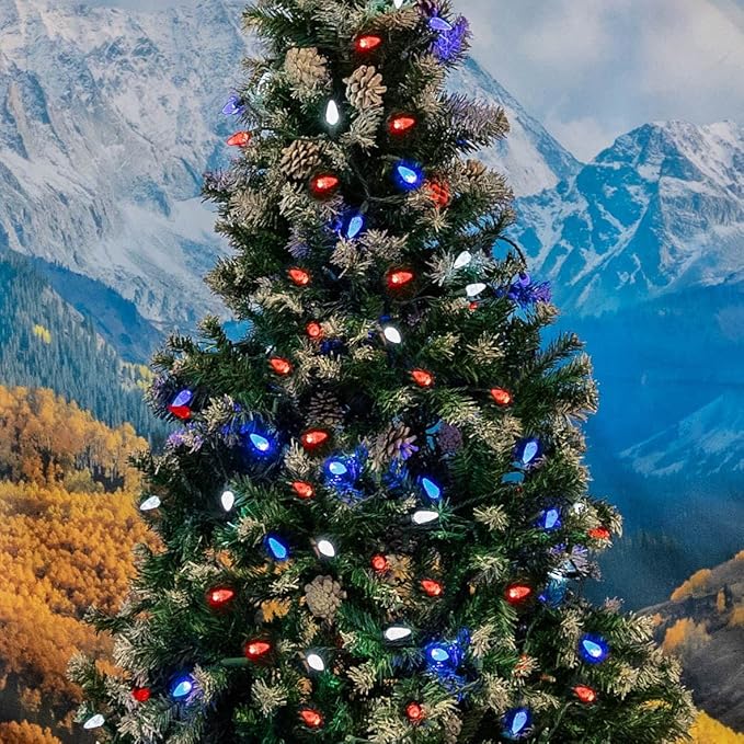 70 Light 24Ft July 4th USA Lights Commercial String Lights C6 LED Strawberry Faceted Bulb – Red/White/Blue, Green Wire, Indoor/Outdoor, Full Wave No Flicker, Connect 43 Sets