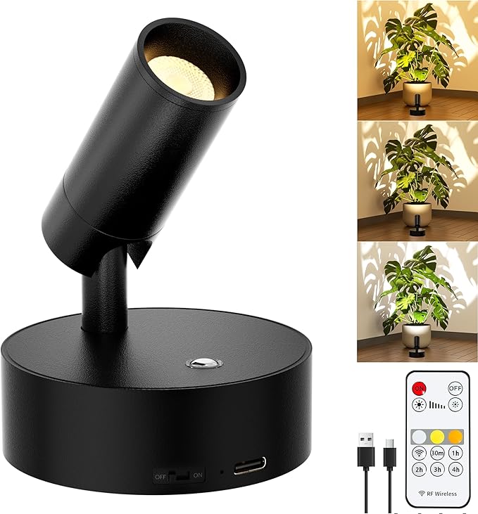 Rechargeable LED Spotlight Indoor: Wireless Battery Operated Spotlight with Remote Control Small Picture Spot Light Accent Uplighting for Plant Artwork Black
