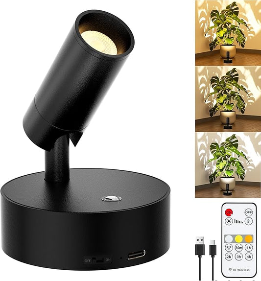Rechargeable LED Spotlight Indoor: Wireless Battery Operated Spotlight with Remote Control Small Picture Spot Light Accent Uplighting for Plant Artwork Black
