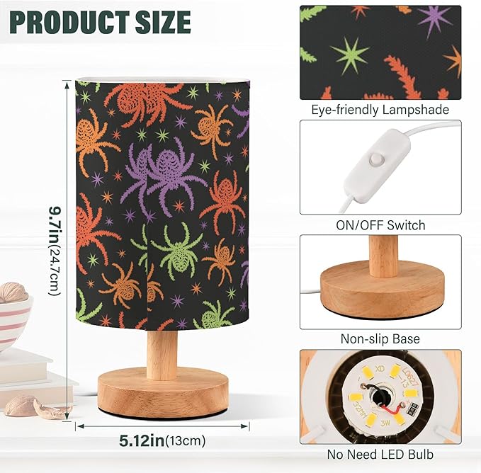 Table Lamp Colorful Spooky Spider Halloween Creepy Pattern Nightstand Lamp with Wood Base Fabric Lamp Shade Bedside Desk Lamp for Living Room Bedroom Kids Room Office