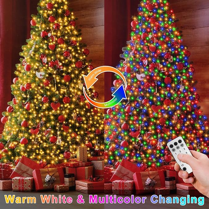 Dual Color Changing String Lights Battery, 2 Pack Total 20Ft 400 LED Cluster String Lights with Timer 11 Modes Firecracker Christmas Lights for Tree Garden Decor (Warm White & Multicolor)