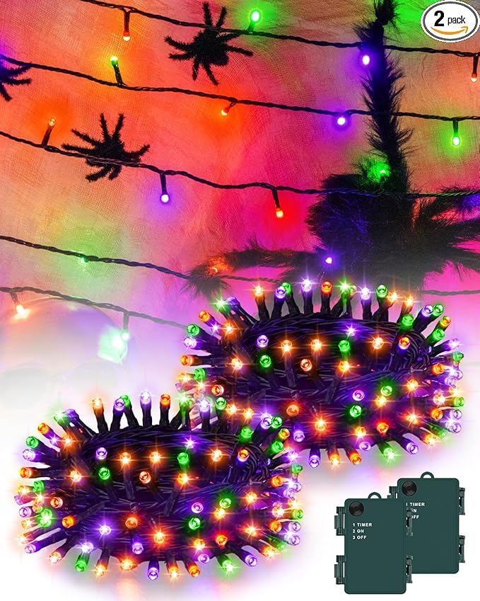 Halloween String Lights Battery Operated, Orange Purple and Green Fairy Lights with Timer Waterproof 9.8ft 30 LED Halloween Decorations for Outdoor Indoor Patio Party Garden Yard Decor 2 Packs