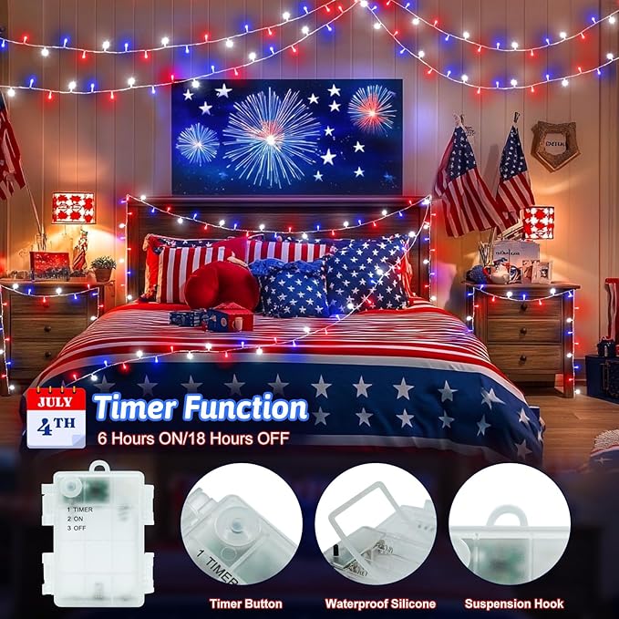Red White and Blue Lights String for 4th of July Decorations Outdoor Total 100 LED 33ft for Memorial Day Decorations, Battery Operated Waterproof Timer Patriotic for Independence Day, 2-Pack