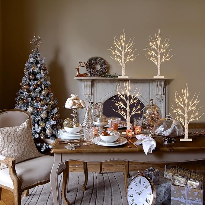 Vanthylit Christmas Tree Decorations, White Birch Tree with LED Lights- Set of 4, Warm White Small Tree Lights Battery Powered/USB, Timer Lighted Tree for Home Wedding Indoor Outdoor Decor (2 FT)