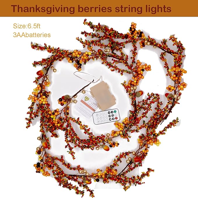 Fall Garland with Lights Harvest Berry Garland - 6.5 FT 25 LEDs Warm Orange Fairy Lights Battery Operated with Remote Ideal Autumn Lights for Thanksgiving Decorations Fall Decorations for Home