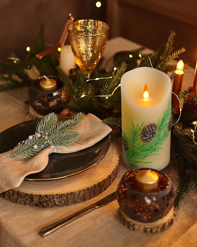 Embossed Pinecone Flameless LED Candle-Realistic Flickering Flame-Battery-Operated Candle with Remote Timer-Real Wax - unscented - Home - Holiday Decoration (3" x 6 ")