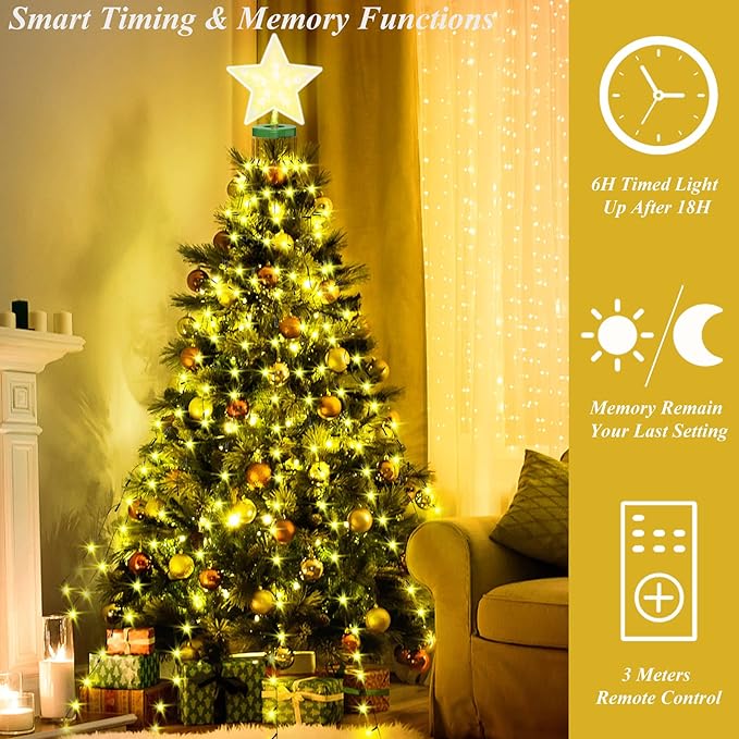 Aneeway Tree Lights with Star Toppers, 410 LED Christmas Lights, 8 Modes & Memory Function, 6.6FT x 16 String Lights, Remote Control & Timing for Ornaments - Warm White