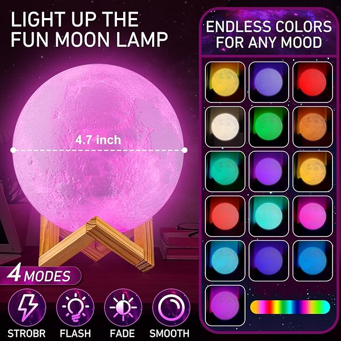 LOGROTATE Moon Lamp, 16 Colors LED Night Light for Kids 3D Printing Moon Light with Stand& Remote/Touch Control & Timing, Moon Light Lamp for Kid Friend Birthday Gifts, Room Decor (Diameter 4.8 INCH)