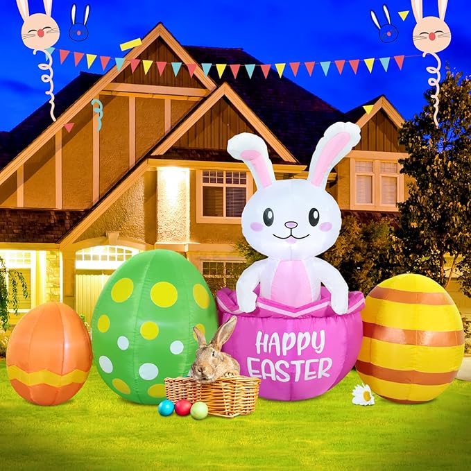 7FT Long Easter Inflatable Bunny Outdoor Decorations with Eggs, Build-in LED Lights Holiday Blow Up Yard Decoration, for Easter Holiday Party, Outdoor,Garden, Yard Lawn Décor