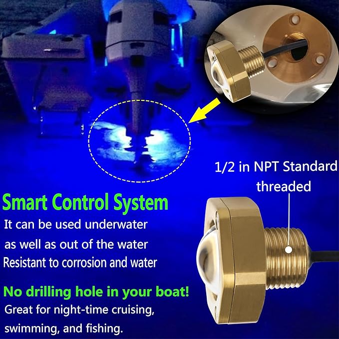 Standard 1/2in NPT Boat Drain Plug Light IP68 Waterproof RGBW Underwater Boat Trailer Light with APP RF Remote Control for Fishing Swimming Divinng, Anti-corrosion,Smart Cooling System