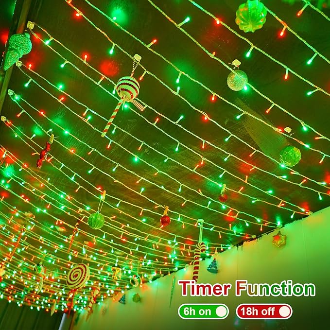 QITONG Red and Green String Light Outdoor Waterproof, 165ft 500 LED Clear Wire Christmas Lights Indoor, 8 Modes Twinkle Xmas Light Plug-in