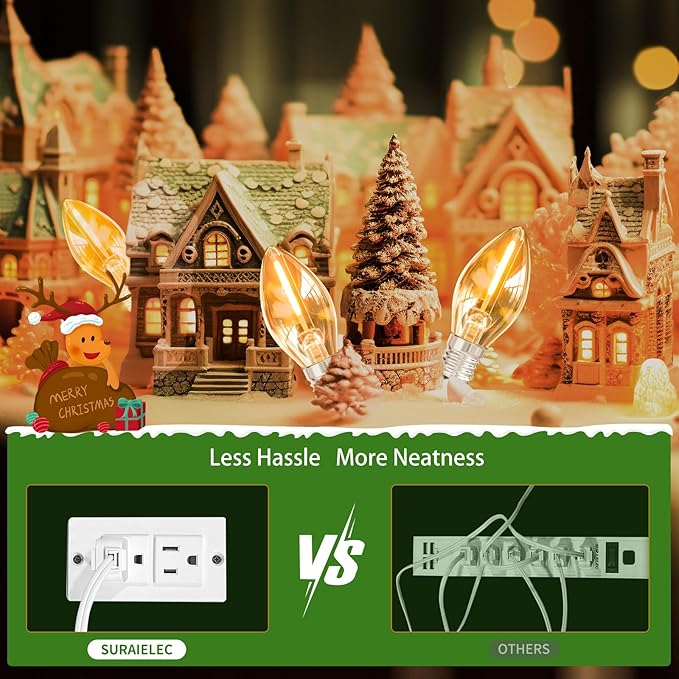 SURAIELEC 18ft Accessory Cord With 10 LED Bulbs, Christmas Village Lights With Switch, C7 Cord for Holiday Decorations, Craft Projects, Blow Light Replacement, UL Listed