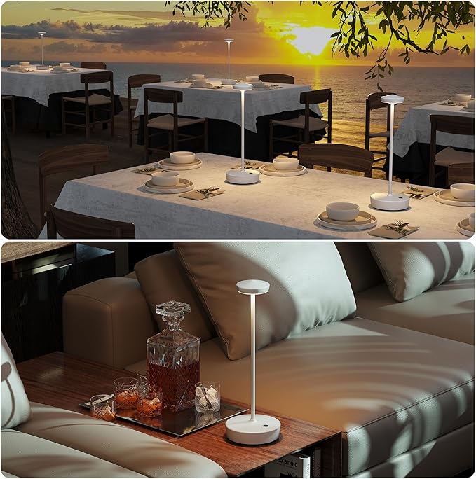 Cordless Table Lamp Rechargeable 2Pack - LED Battery Table Light with 3 Color Temperatures, Stepless Dimming, Waterproof Aluminum for Indoor Outdoor, Patio, Restaurant, Dinner (White)
