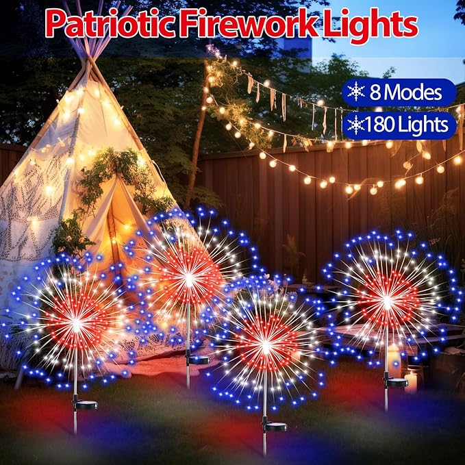 8 Pcs 4th of July Solar Firework Stake Lights 180 LED 8 Modes Solar Waterproof LED Sparkler Lights Outdoor Patriotic Decor for USA 250th Anniversary Garden Patio Yard Pathway (Red White Blue)