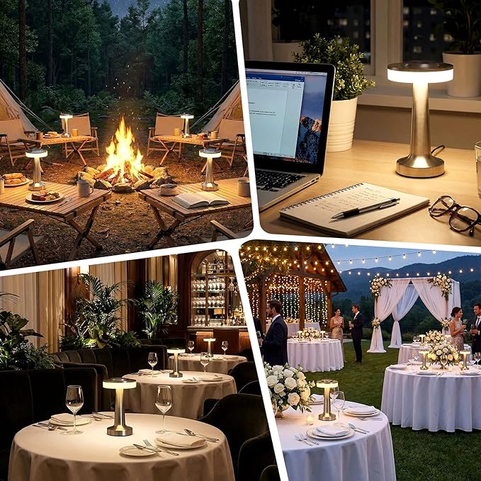 Riakrum 4 Pcs LED Portable Cordless Table Lamp with Touch Sensor 3 Color Stepless Dimming Rechargeable Battery up to 15 Hours Cordless Table Light Wireless Lamp for Nursery (Silver)