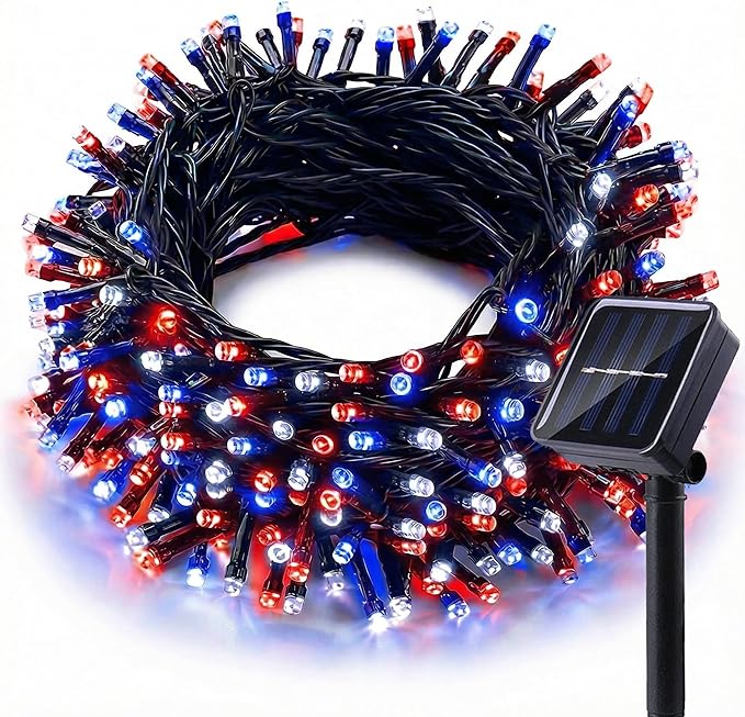 Solar Red White Blue String Lights 46FT 120LED Patriotic Light with 8 Modes Waterproof Solar Powered Outdoor Lights for 4th of July Memorial Day Independence Day Garden Patio Party Decor