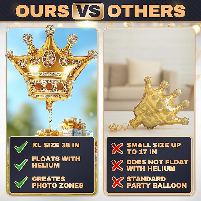 Gold Crown Balloons Set of 3 – 38.2"x35.4" Large Princess Balloons with Royal Crown Shape, Reusable Foil Design – Eye Catching Centerpiece for Princess Party Decor, Birthday Setup and Photo Backdrop