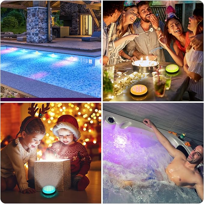 Rechargeable Submersible Led Lights, Pool Lights with Remote, IP68 Full Waterproof Underwater Lights Built-in Magnet 16 Color Changing Floating Lights for Bathtubs, Ponds(4 Pack)