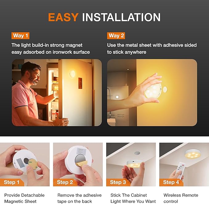 Puck Lights with Remote Control, Under Cabinet Lighting with Magnetic, Cordless, 1200mAh Rechargeable Stick On Lights for Under Cabinet, Hallway, Stairway, Closet (Warm White, 6pcs)