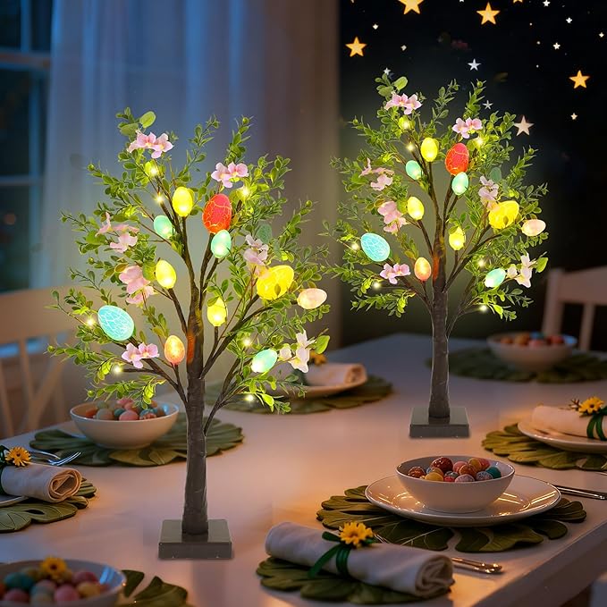 DR.DUDU Easter Decor Set of 2 Lighted 24 Inch Artificial Tree with Easter Eggs & Colorful LED Lights, Light Up Tabletop Bonsai Tree for Table Home Holiday Spring Decor