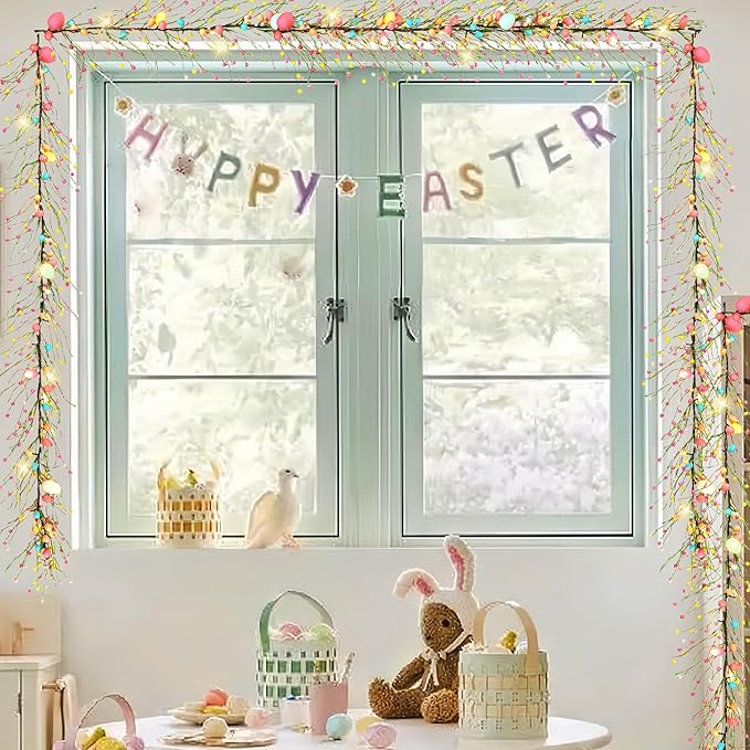 6 Foot Easter Egg Garland-Easter Garland with Lights Colorful Berry Battery Operated Auto Timer for Spring Summer Holiday Party Office Decoration