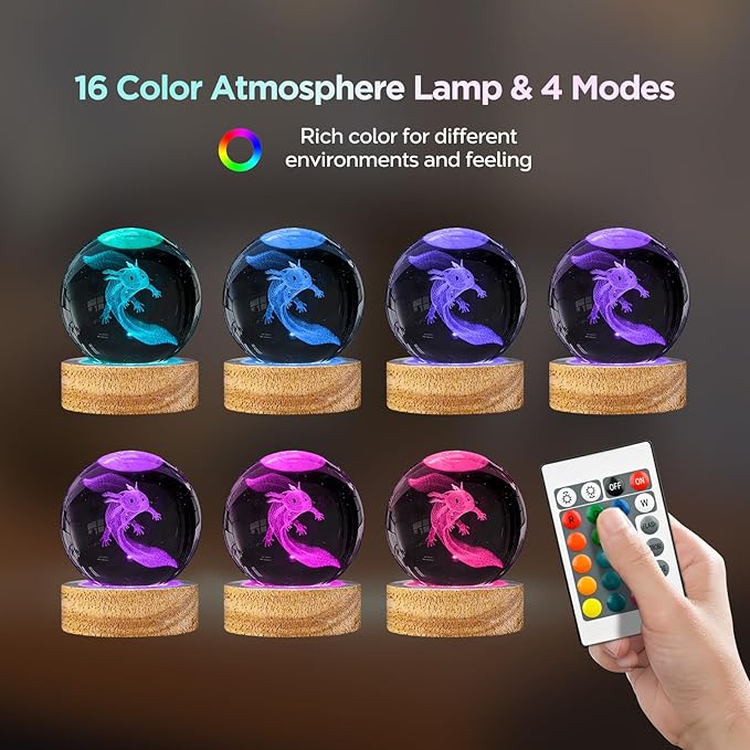 3D Crystal Ball Night Light with 16 Colors - Unique 60mm Axolotl Figurine Glass Ball Lamp with Remote - Cool Axolotl Toy, Room, Desk Decor - Birthday & Christmas Gifts for Boys, Girls, Kids & Friends