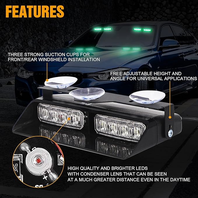 XRIDONSEN 2 in 1 Green Emergency Lights Dash Strobe Lights Interior Windshield Warning Safety Flashing Law Enforcement w/Suction Cups for Volunteer Police Vehicles, Trucks (2×7.16 inch, 16 LED)