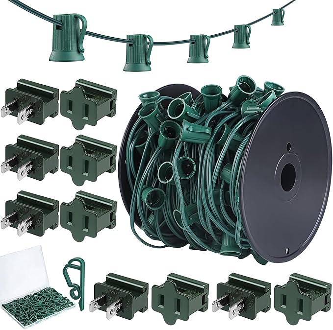 Fovths 100 Ft C9/E17 Christmas Light Sockets Set Outdoor UL Listed String Light Include 100 E17 Socket with 100 Clips, 10 Female Male Plug, Stringer Spool Christmas C9 Green Wire for Patio Event Decor