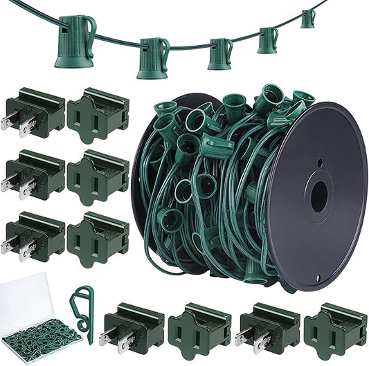 Fovths 100 Ft C9/E17 Christmas Light Sockets Set Outdoor UL Listed String Light Include 100 E17 Socket with 100 Clips, 10 Female Male Plug, Stringer Spool Christmas C9 Green Wire for Patio Event Decor