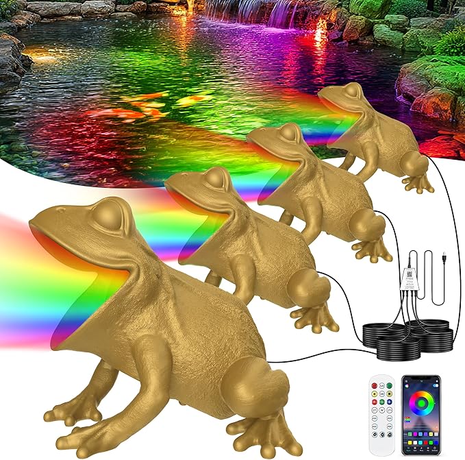 Pond Light with APP, 6W Frog Fountain Light led Underwater with 12V Transformer, IP68 Waterproof Underwater Pond Lights with Long Cable for Ponds Waterfall Fountain Water Feature, 4 SpotLights