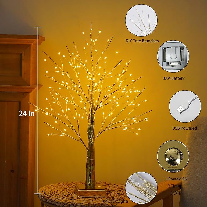 144 LED Artificial Tree Lamp with Timer, DIY Birch Tree with LED Lights, Lighted up Tree Lamp USB/3 AA Battery Powered, Fairy Light Spirit Tree for Table Home Wedding Bedroom Christmas (Gold)