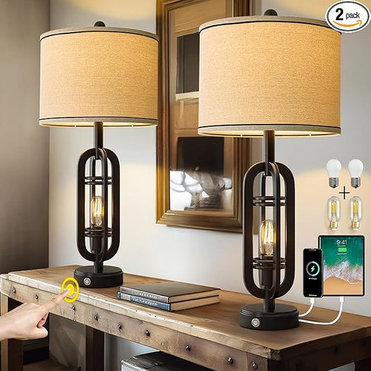 27.25'' Table Lamps Set of 2 for Living Room Bedroom Industrial Farmhouse Metal Touch Lamps with USB A+C Ports, Night Light Vintage Nightstand Bedside Lamp, Bulbs Included, Black