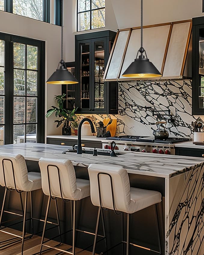 Barn Pendant Light Fixture, HWH 1-Light Hanging Lighting 12-Inch, Industrial Pendant Lights for Kitchen Island Farmhouse Dinning Room, Black and Gold Finish, 5HYS89MIL BK