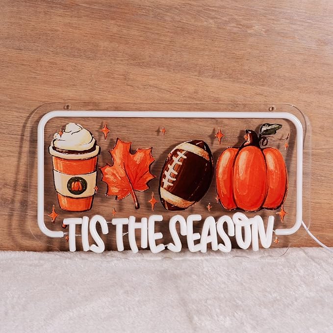 Tis The Season Neon Lights Latte Coffee Maple Leaf Football & Pumpkin LED Sign Inspirational LED Wall Art for Christmas Halloween Thanksgiving Sports Fan Cave Fall Decor Home Bar or Cafe