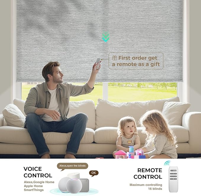 HeyBlinds Motorized Roller Shades, Smart Blinds for Windows, Remote Automatic Window Shades, Electric Shades, Light Filtering, Compatible with Alexa Google Apple Home (Summer Haze-Greywind LF)