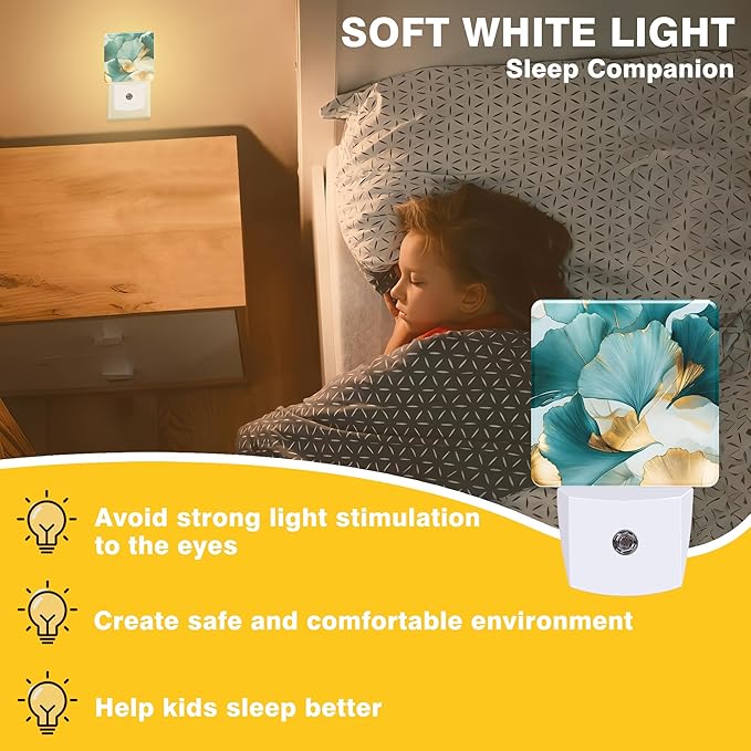 Night Light Green and Gold Ginkgo Leaves Night Lights Plug into Wall Smart Dusk to Dawn Sensor 0.5W Energy Efficient Led Lamp for Men Women Bedroom Bathroom Hallway Stairway Decor